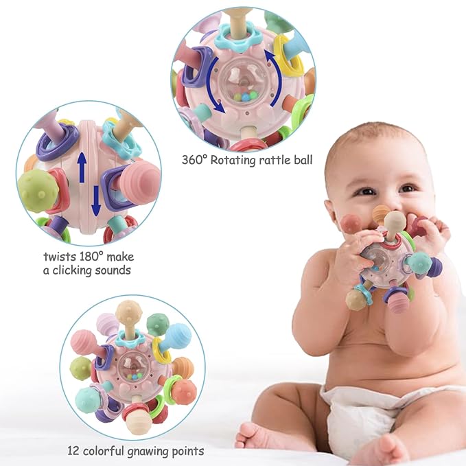 Baby Sensory Montessori Toy - Infant Teething Relief - Teethers for Newborn - Developmental Rattles Chew Toys Gifts for 0 3 6 9 12 18 Months Girl Boy -Toddler Travel Toy for 1 2 One Year Old (Pink)