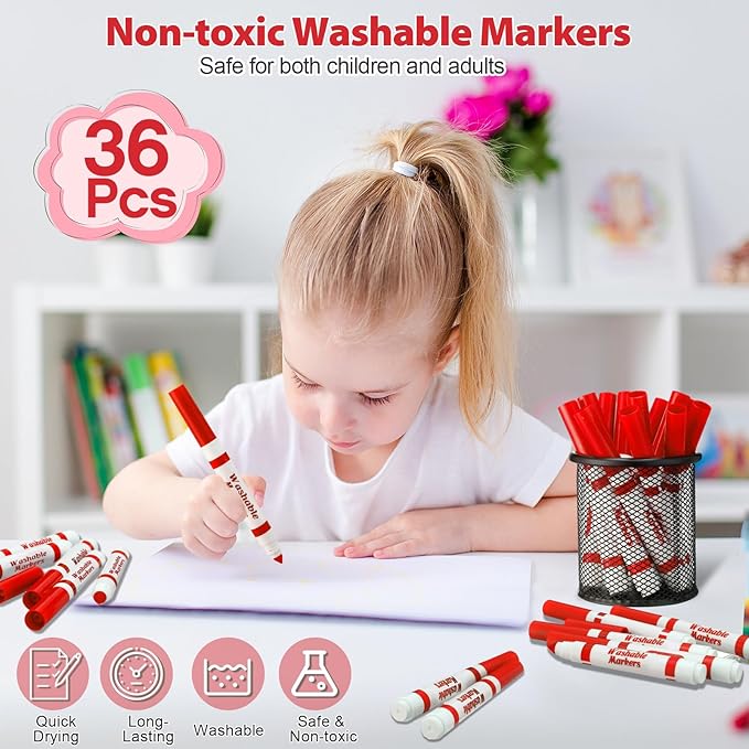 Janlaugh 36 Pcs Red Washable Markers Bulk Coloring Broad Line Markers for Kids Red Conical Tip Drawing Pen for Christmas, School Supplies, Travel Art Baby Shower Gender Reveal Party Supplies, Ages 6+