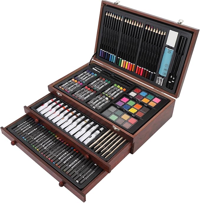 ZAICOLER 158 PCS Deluxe Art Set, Wooden Box Painting Drawing Kit with 2 Sketchbooks 24 Paints Oil Pastels Colored Pencils Crayons Brushes for Kids Teens Adults Artists Beginners