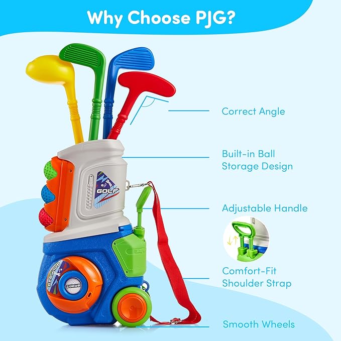 PJG Toddler Golf Set with Mat, Plastic Kids Golf Clubs 3-5 with 4 Golf Clubs and 10 Balls, Indoor and Outdoor Golf Toys with Cart for Toddlers Boys and Girls Aged 1 2 3 4 5 Years Old Birthday (Blue)