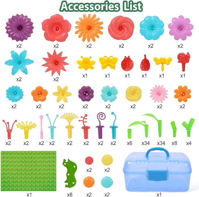 IQKidz Toddler Toys for Girls 2-4 Years Old, Flower Garden Building with Insect Features, Storage Box for Kids Age 3 5 6 7 8, Stacking Educational Preschool Learning STEM Activities 157 pcs - Image 2