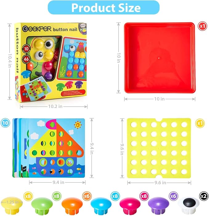 Geekper 68PCS Button Art Toys for Toddlers Color Matching Mosaic Pegboard - Image 4