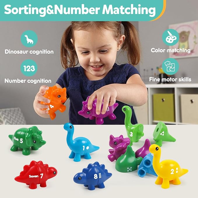 TSYAN Matching Number Counting Dinosaur Toys with Double-Sided 1 2 3 Number Preschool Learning Sensory Sorting Educational Fine Motor Toys Sets for Kids - Image 6