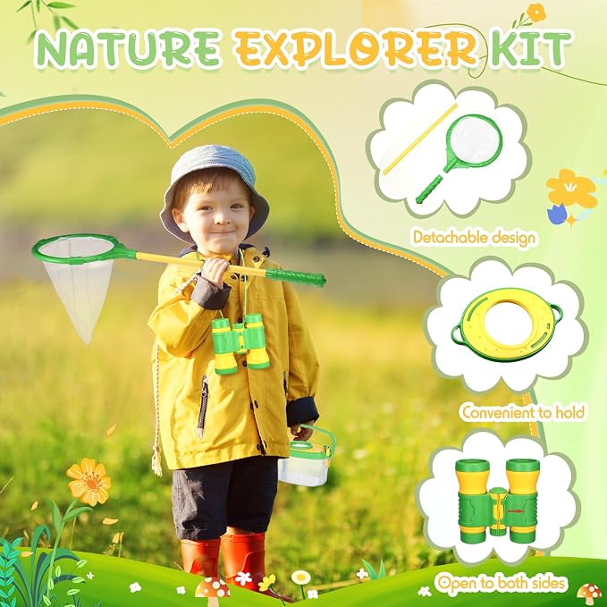 Sherr 7 Pcs Bug Catching Kit for Kids Insect Bug Catching Kit Outdoor Explorer Toys Include Insect Box Butterfly Net Capsule Clip Magnifying Glass Binocular Tweezer Butterfly Viewer Box Adventure Gift - Image 3