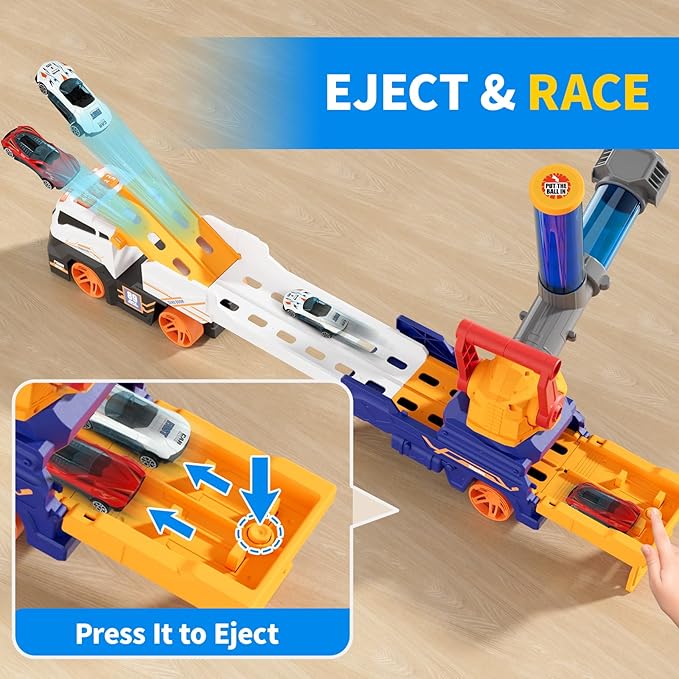 Truck Toys for Kids, EVA Ball Launcher Car Toys for Boys 3-5, Foldable Toy Truck with Light & Sound, Shooting Transport Toy Car Playset, Christmas Birthday Gifts for Kid Boys Age 3 4 5 6 Years Old