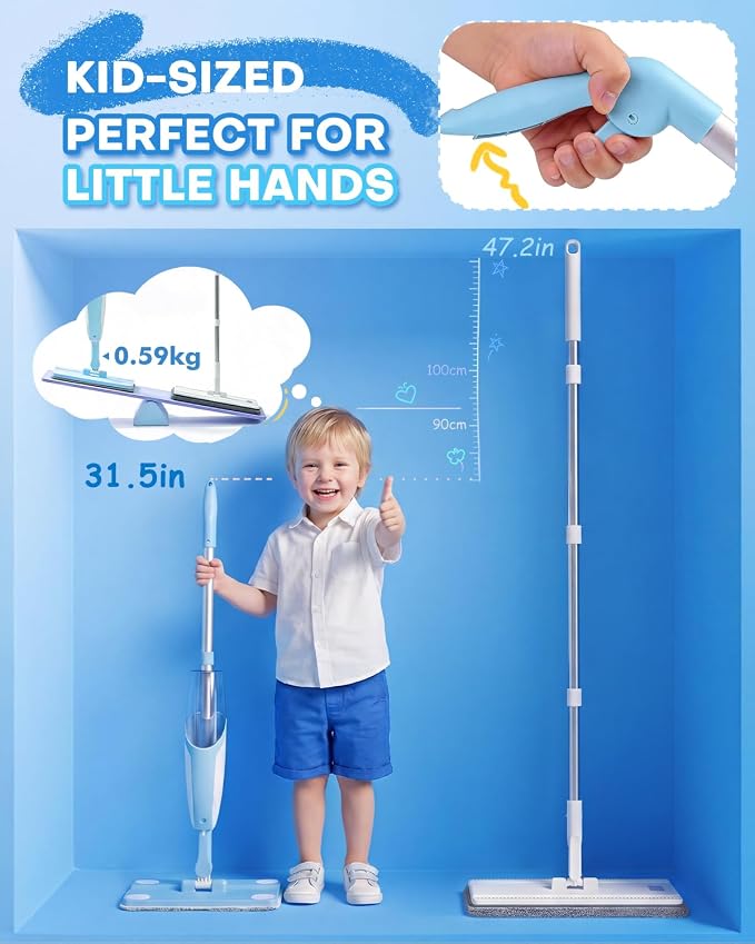 Kids Spray Mop, Blue Toddler Cleaning Set with Refillable Water Spray Tank, Lightweight Pretend Play Mop Toy for Boys Girls, Montessori Housekeeping Toy Gift - Image 2