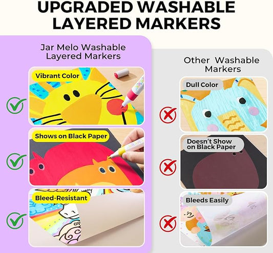Jar Melo Washable Layered Markers for Kid Age 4-8, Water Based Blendable Markers for Toddler Safe and Non-Toxic, Coloring Art Supplies for Preschool Gift, 24 Colors