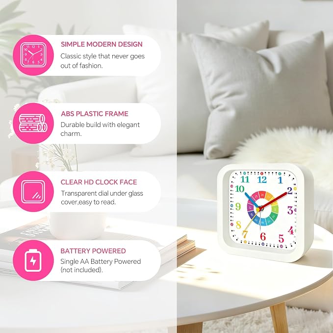 Modern Silent Analog Battery Operated Alarm Clock, 4.5" Loud Alarm Clock for Heavy Sleepers with Unique Dial & Numbers, Plastic Desk Learning Clock for Kids Bedroom Classroom Dorms, White - Image 6