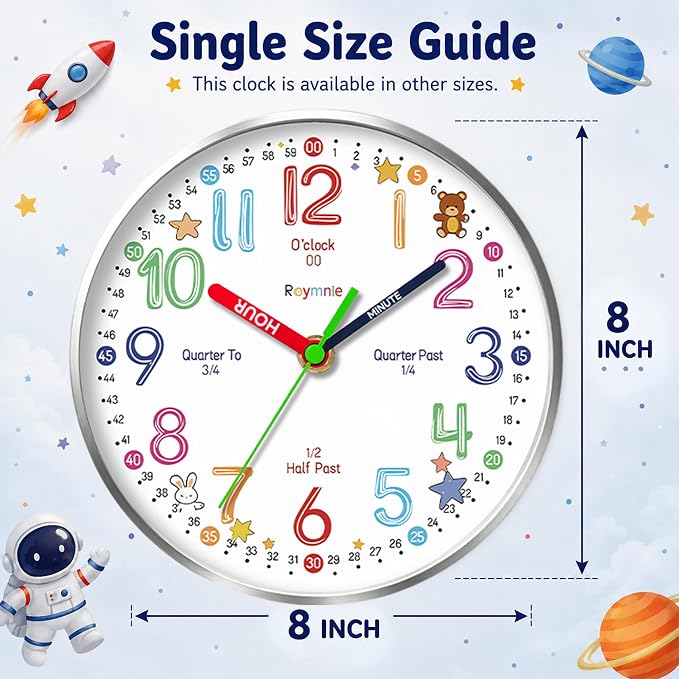 Roymnie Wall Clock Learning Non-Ticking Battery Operated Silent Colorful - Image 5