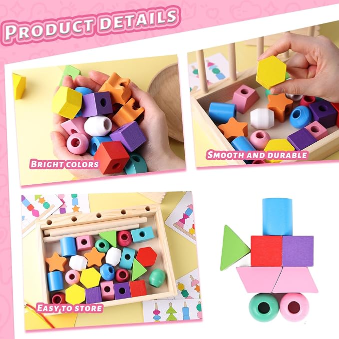 LovesTown Beads Sequencing Toy, Wooden Shape Stacking, 8 Cards, Frame - Image 6