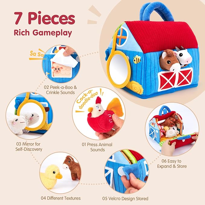 hahaland Baby Toys 6-12 Months - Surprise Barn with Stuffed Farm Animals with Real Sounds - Montessori Toys for 6 Month Old Baby 1 Year Old Boy Girl Gifts Toddlers Sensory Toy Easter Basket Stuffers