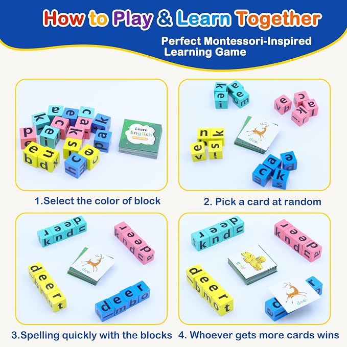 Spelling Games for Kids Ages 3-8, Learn to Read Phonics & Word Building Game with 40 Flash Cards, 16 Wooden Letter Blocks for Screen-Free Family Fun & Preschool Classroom Learning - Image 6