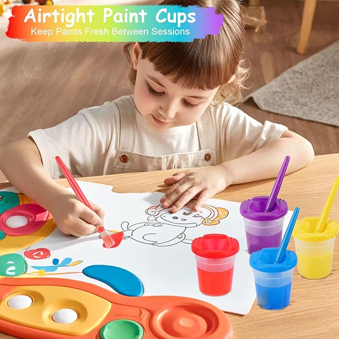 Mkobon 10 PCS No Spill Paint Cups with Colored Lids and Brushes for Kids, Spill Proof Paint Brush Cleaner Cup, Toddler Water Cups for Painting, Arts and Crafts Supplies, for Acrylic Paint, Watercolor