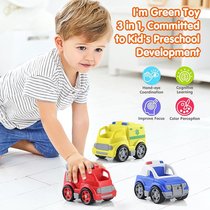 PLAY Eco-Friendly 3 in 1 Emergency Vehicle Toy Set, [USDA Certified] No BPA/Phthalate/PVC, Recycled Bioplastic Rescue Vehicle with Fire Truck, Police Car & Ambulance Toy