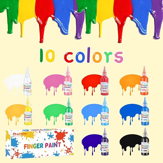 NewFamily Washable Finger Paint for Toddlers & Kids, 10 Large 2 fl oz (60 ml) Bottles, Non-Toxic Finger Paint, Mess-Free Squeeze Bottles, Art Supplies for Home, Preschool & Classroom
