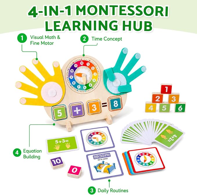 2-in-1 Wooden Math Manipulatives & Teaching Clock Toys - Image 2