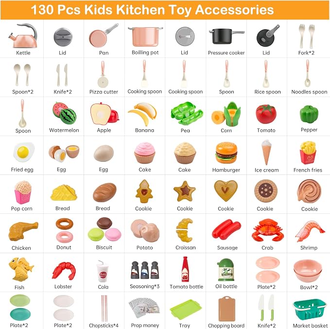 130Pcs Kitchen Playset, Toddler Pretend Cooking Play Pots, Pans, Utensils Cookware, Daily Food Fruit Veges, Shopping Storage Basket, Dessert, Prop Money, Learning Gift for Child (Pink) - Image 2