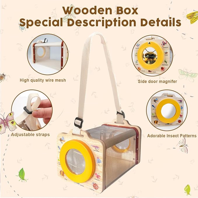 Wooden Insect Observation Kit for Kids,10Pcs Outdoor Nature Explorer Set, Insect Habitat Cage,Butterfly Net,Magnifying Glass,Compass STEM Education Toy, Birthday Backyard Gift for 3+ Boys & Girls - Image 3