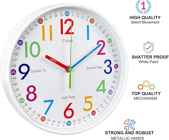 AIRUIFU Wall Clock for Kids Learning to Teaching Time Wall Clocks Battery Operated Silent Non Ticking - Analog Colorful Clock Decorative for Kids Room,Classroom,School,Nursery School,playroom(8 Inch) - Image 2
