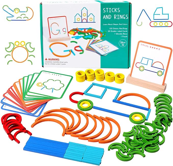 120-Piece Wooden Pattern Blocks Set with Sticks and Rings - Montessori Shape Puzzles for 3-8 Year Olds, Ideal Educational Toy for Preschool and Kindergarten Kids by Unknown