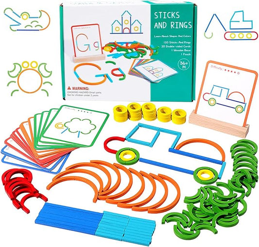 120-Piece Wooden Pattern Blocks Set with Sticks and Rings - Montessori Shape Puzzles for 3-8 Year Olds, Ideal Educational Toy for Preschool and Kindergarten Kids by Unknown