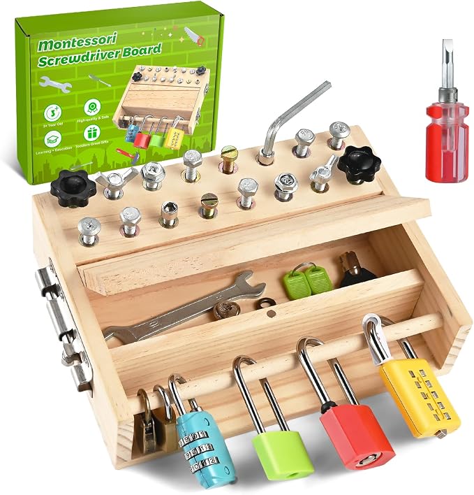Montessori Screwdriver Board Set, Montessori Toys for 3 4 5 with 6 Locks and Keys, Toddler Screwdriver Toy, Kids Tool Set, Preschool Learning Sensory Toy, Fine Motor Skills Toys by WoodTrove
