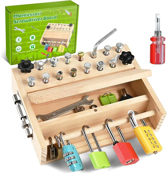 Montessori Screwdriver Board Set, Montessori Toys for 3 4 5 with 6 Locks and Keys, Toddler Screwdriver Toy, Kids Tool Set, Preschool Learning Sensory Toy, Fine Motor Skills Toys by WoodTrove
