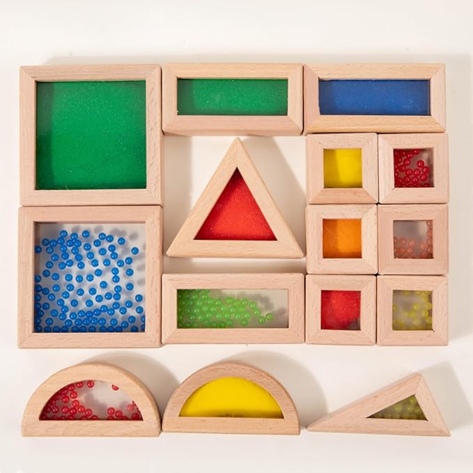 Dinhon 15pcs Baby Building Blocks for 12+ Months - Pine Wood with Sand & Beads, Extra-Large Burr-Free Translucent Rainbow, Toddler Educational Stacking Toys (Multi-Shapes) - Image 2