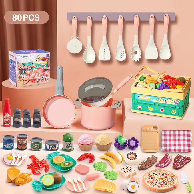 80pcs Pretend Play Kitchen Set for Toddlers, Kids Cookware Playset with Pots/Pans/Food/Fruits/Vegetables/Picnic Blanket/Storage Basket, Pink Educational Learning Toy Gift for Boys & Girls - Image 2