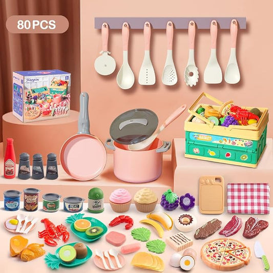 80pcs Pretend Play Kitchen Set for Toddlers, Kids Cookware Playset with Pots/Pans/Food/Fruits/Vegetables/Picnic Blanket/Storage Basket, Pink Educational Learning Toy Gift for Boys & Girls - Image 2