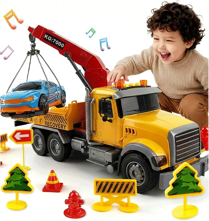 SMILESSKIDDO Toddler Boy Toys for 3 4 5 6 Year Old - 1:12 Large Friction Powered Tow Truck with Light & Sound, Sports Car & Road Signs, Birthday Gifts for Kids, Toddlers Gifts