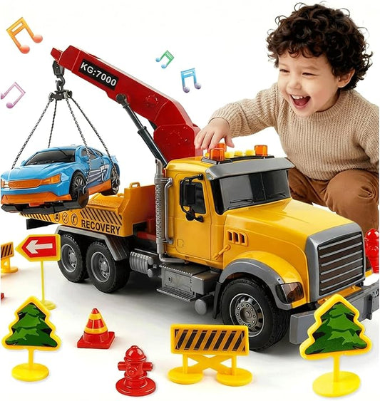 SMILESSKIDDO Toddler Boy Toys for 3 4 5 6 Year Old - 1:12 Large Friction Powered Tow Truck with Light & Sound, Sports Car & Road Signs, Birthday Gifts for Kids, Toddlers Gifts