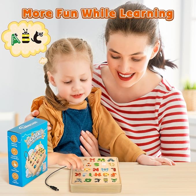 LED Busy Board, Wooden Sensory Toys for Toddler, Montessori Music Toy for Airplane, Travel Activity Educational Learning Toy, Busy Light Switch Autism Toys, Birthday Boys Girls Gifts