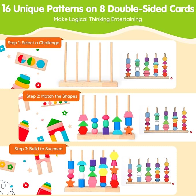 Montessori Wooden Threading Beads Set for Toddlers 3 4 5, Bead Sequencing & Stacking Toy with Pattern Cards, Lacing Beads, Shape Matching Stacker, Fine Motor STEM Learning Gift - Image 3