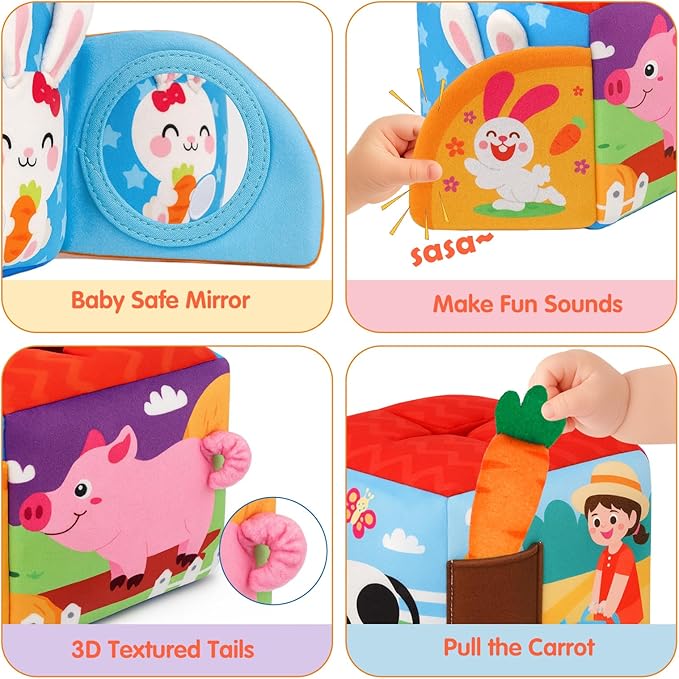 Avesa Baby Toys 6-12 Months - Soft Sensory Box Infant Toy with Stuffed Animals, Rattle, Crinkle Paper, Mirror - 6 Month Old Must Haves Boy Girl Babies Birthday for 1 Year Old Learning Toys