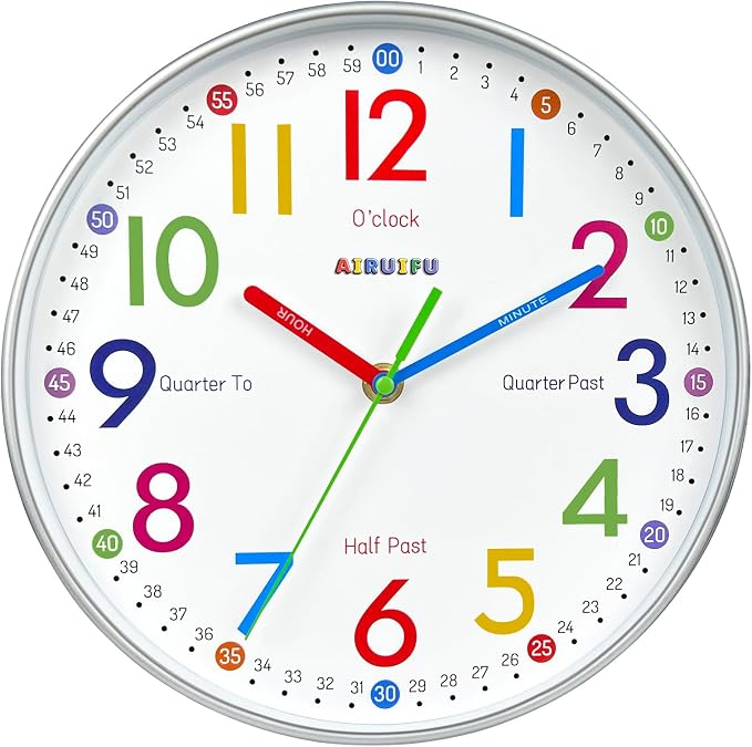 AIRUIFU Wall Clock for Kids Learning to Tell Time, 12 Inch Silent Analog Clock for Kids Room Decor/Bedroom/Classroom/Playroom, Colorful Teaching Clock Helps Kids Easier to Tell Time by AIRUIFU
