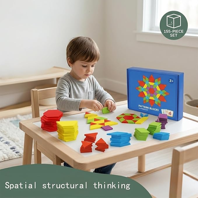 155 Pcs Wooden Pattern Blocks Set - Geometric Shape Puzzle for Kindergarten - Classic Educational Montessori Tangram Toys with 24 Design Cards for Kids Ages 3-8 - Image 5