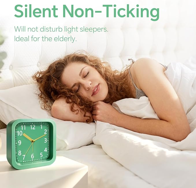 Simple Analog Loud Alarm Clock for Heavy Sleepers, 4.5" Square Plastic Silent Battery Operated Alarm Clocks with Easy Read Dial, Desk Clock for Bedroom Adults Seniors College Students, Green - Image 2