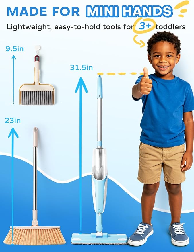 Kids Cleaning Toy Set,Blue Spray Mop Montessori Toys-Kids Cleaning Toy Set,Mini Spray Mop Montessori Toys Spray Mop & Kids Broom Dustpan Set Cleaning Toys Gift for Toddlers Girls Boys Age 3+ - Image 3