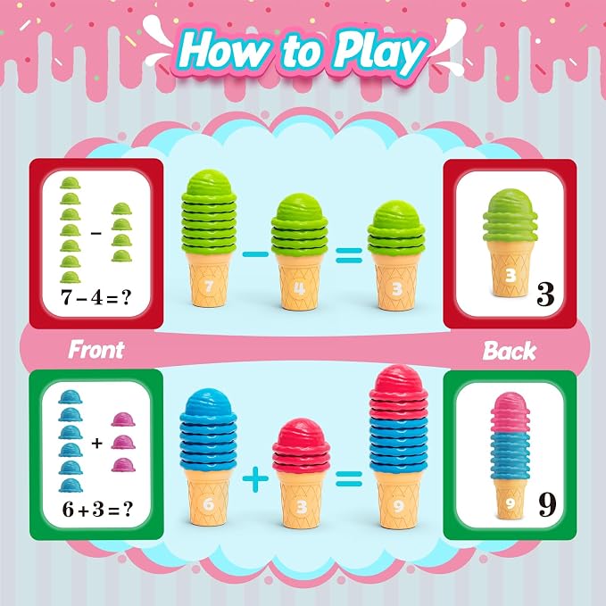 Aizweb Ice Cream Counting and Color Sorting Stacking Toys for Toddlers, Montessori Preschool Kindergarten Learning Activities,Number Math Manipulatives Math Games Educational Fine Motor Skills Toys - Image 4