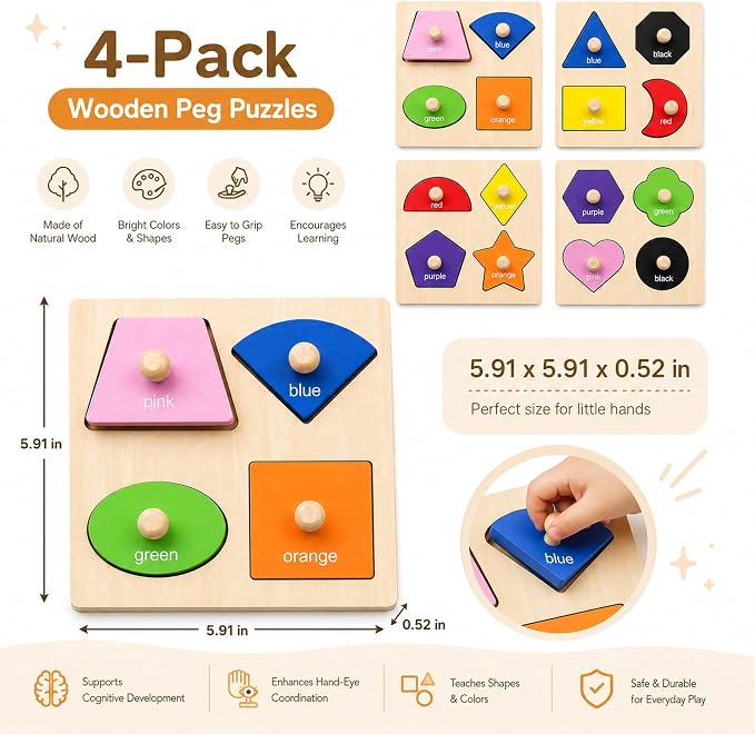 Wooden Shape Color Sorting Puzzle Toys for Toddlers, 4 Pack Montessori Peg Puzzles for Ages 2-4, Preschool Learning Toys for Shape Recognition, Fine Motor Skills, Gifts for Kids Boys Girls 1 2 3 4 - Image 2