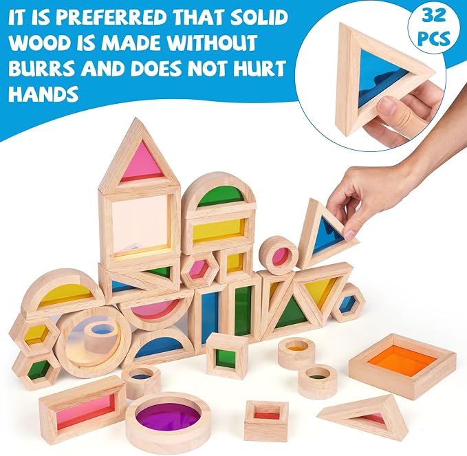 Agirlgle Wooden Rainbow Building Blocks for Kids 32 Pcs Rainbow Stacker Stacking Blocks Game Colorful Construction Toys Preschool Learning Educational Toys -Geometry Wooden Blocks for Boys & Girls - Image 2