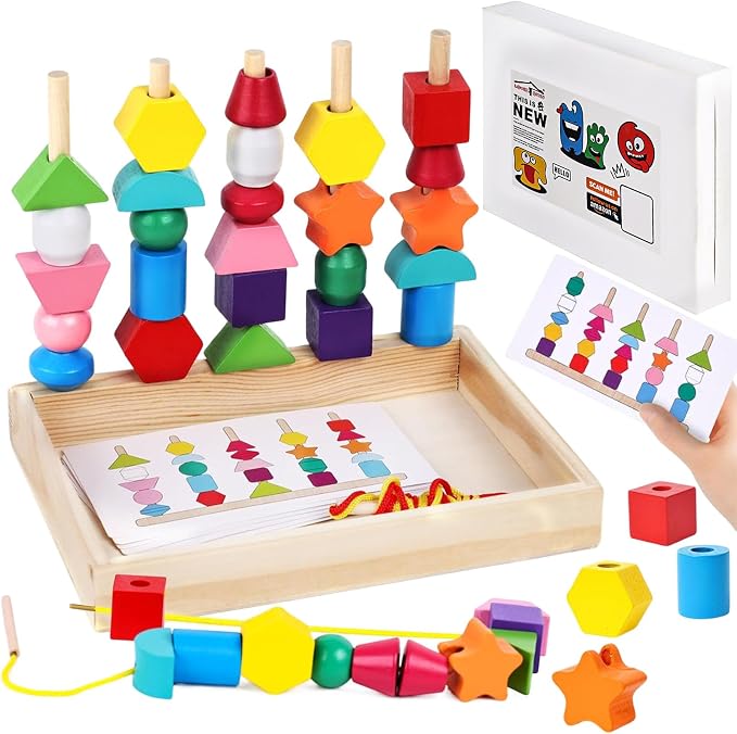 LovesTown Beads Sequencing Toy, Wooden Shape Stacking, 8 Cards, Frame by Lovestown
