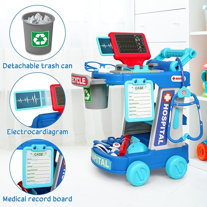 Doctor Kit for Toddlers 3-5 With 21pcs Medical Kit Toy Doctor Cart Stethoscope and Other Accessories Boy and Girl Fun Role Playing Game Dentist Toy Kids Pretend Play Girls Toys for 3 4 5 Birthday Gift