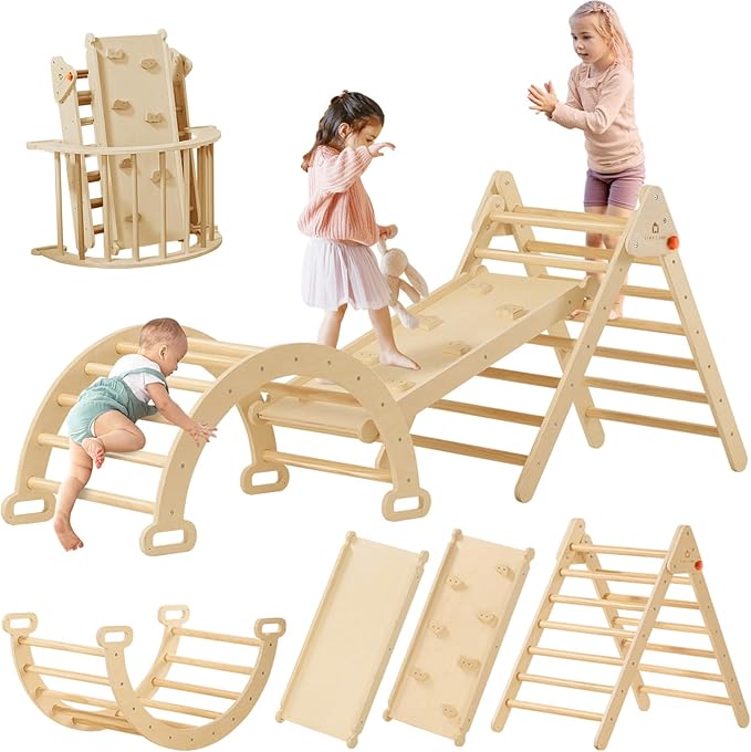 Tiny Land Pikler Triangle Set, 7-in-1 Foldable Pikler Triangle Climbing Toys Set for Kids,Baby Indoor Playground Jungle Gym, Wooden Montessori Climbing Set for Toddler (Natural)