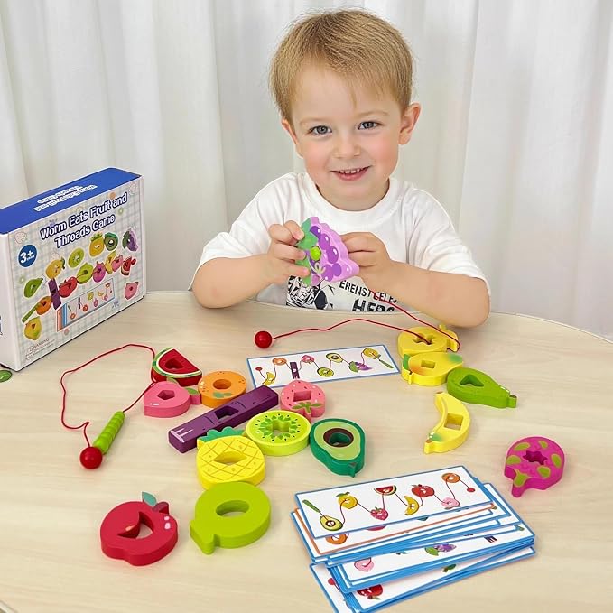 Wooden Greedy Caterpillar Lacing Toy, Montessori Threading & Stringing Toy with 20 Pattern Cards, Fine Motor Skills Educational Travel Gifts for Kids Ages 3+ - Image 2