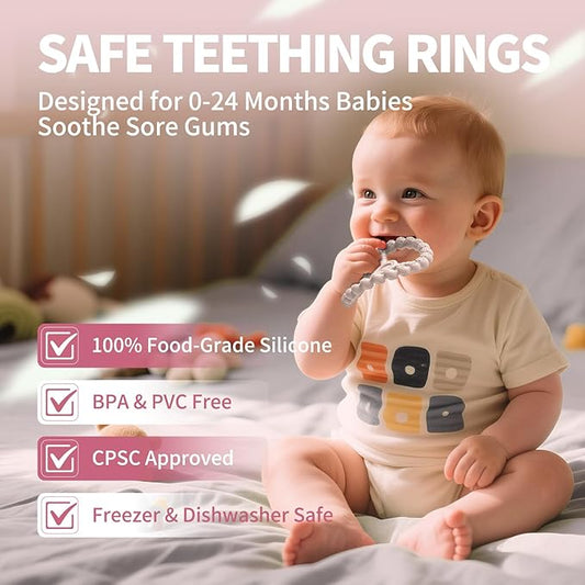 Teething Rings for Babies 0-6 Months, 3 Pack Silicone Teether Toys 6-12 Months, Freezable & Durable Chew Ring for 3-6 Months Boys Girls Teething Relief, Infant Essential Gifts (Sandy Rose Pink)