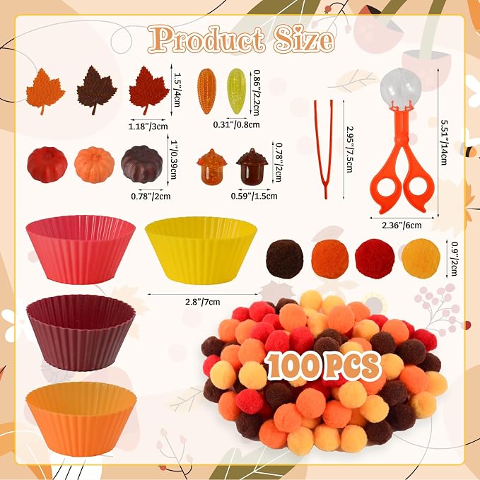 212Pcs Fall Sensory Bin Filler Fine Motor Toys Thanksgiving Sensory Bin Items Counting Sorting Toy 100 Pompoms 60 Felt Leaves 16 Acorns 16 Corns 6 Foam Pumkins for Preschool Education Activities - Image 2
