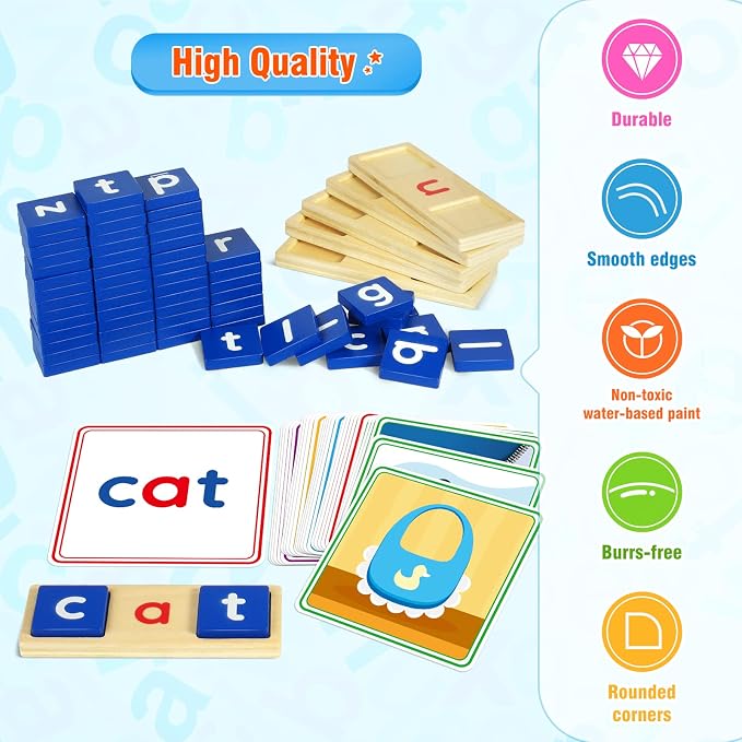 Learning Toys for 3 4 5 Years Old Kids - 116Pcs Short Vowel Letters Sorting Spelling Reading Toy Set with Double-Sided Flash Cards, Preschool Kindergarten Learning Activities Toy for Boys Girls - Image 4