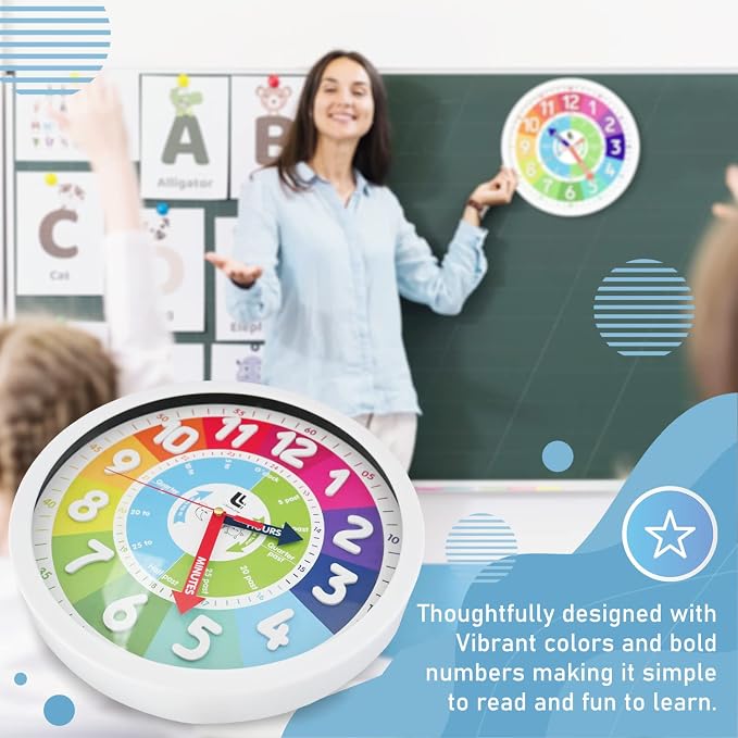 3D Kids Colorful Learning Wall Clock - Easy to Read - Telling Time Teaching Clock for Kids - Classroom Bedroom Wall Decor - Silent Analog Kids Clock for Homeschool, Playrooms, Nursery (12 inch) - Image 2